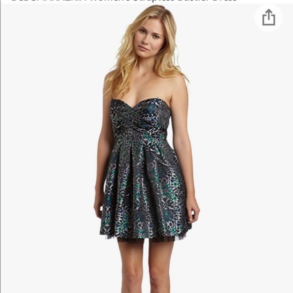 BCBG MaxAzria Dress. BCBG Strapless Dress. Gray, black, blue, green with tulle